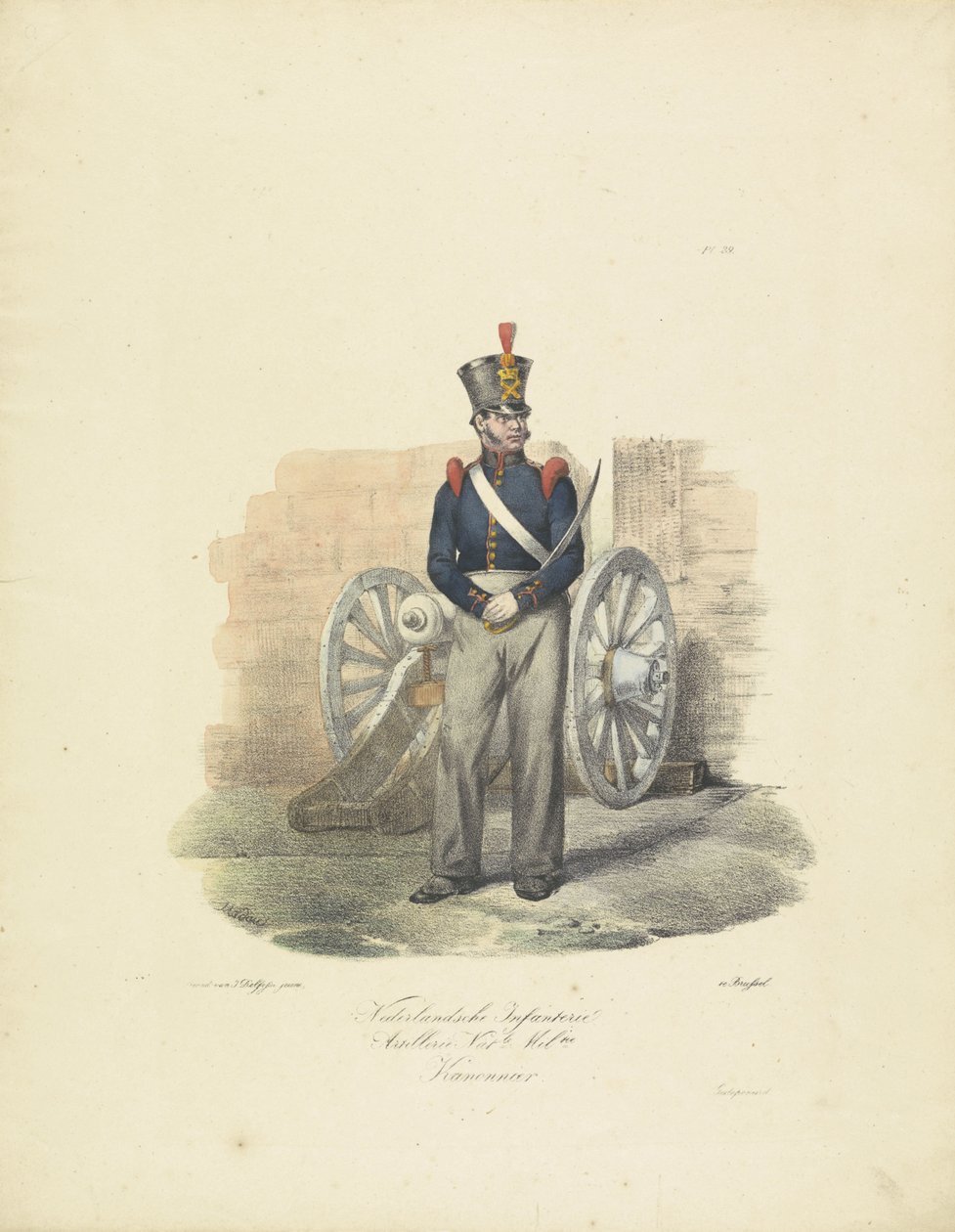 Strzelec, 1820-1825 Nederlandsche Infanterie Artillerie Nat.le Mil.tie Kanonnier (tytuł na obiekcie) Stroje wojskowe Królestwa Niderlandów. Dedykowane Jego Ekscelencji Willemowi van Bylandtowi (tytuł serii na obiekcie) autorstwa Jean Baptiste Madou
