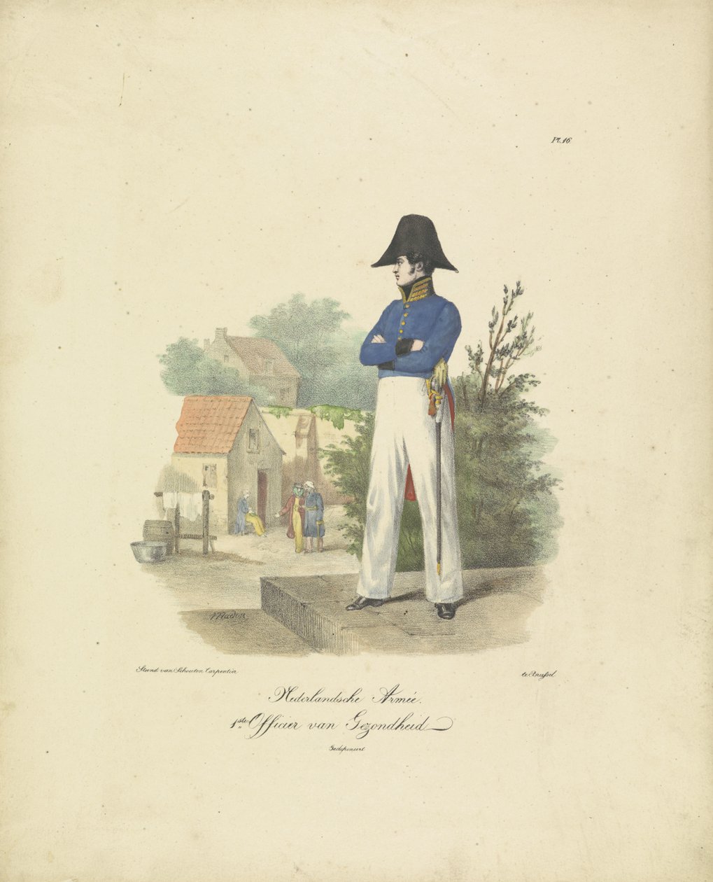 Oficer Zdrowia, 1820-1825 Armia holenderska. I Oficer Zdrowia Stroje wojskowe Królestwa Niderlandów. Dedykowane Jego Ekscelencji Willemowi van Bylandtowi (tytuł serii na obiekcie) autorstwa Jean Baptiste Madou