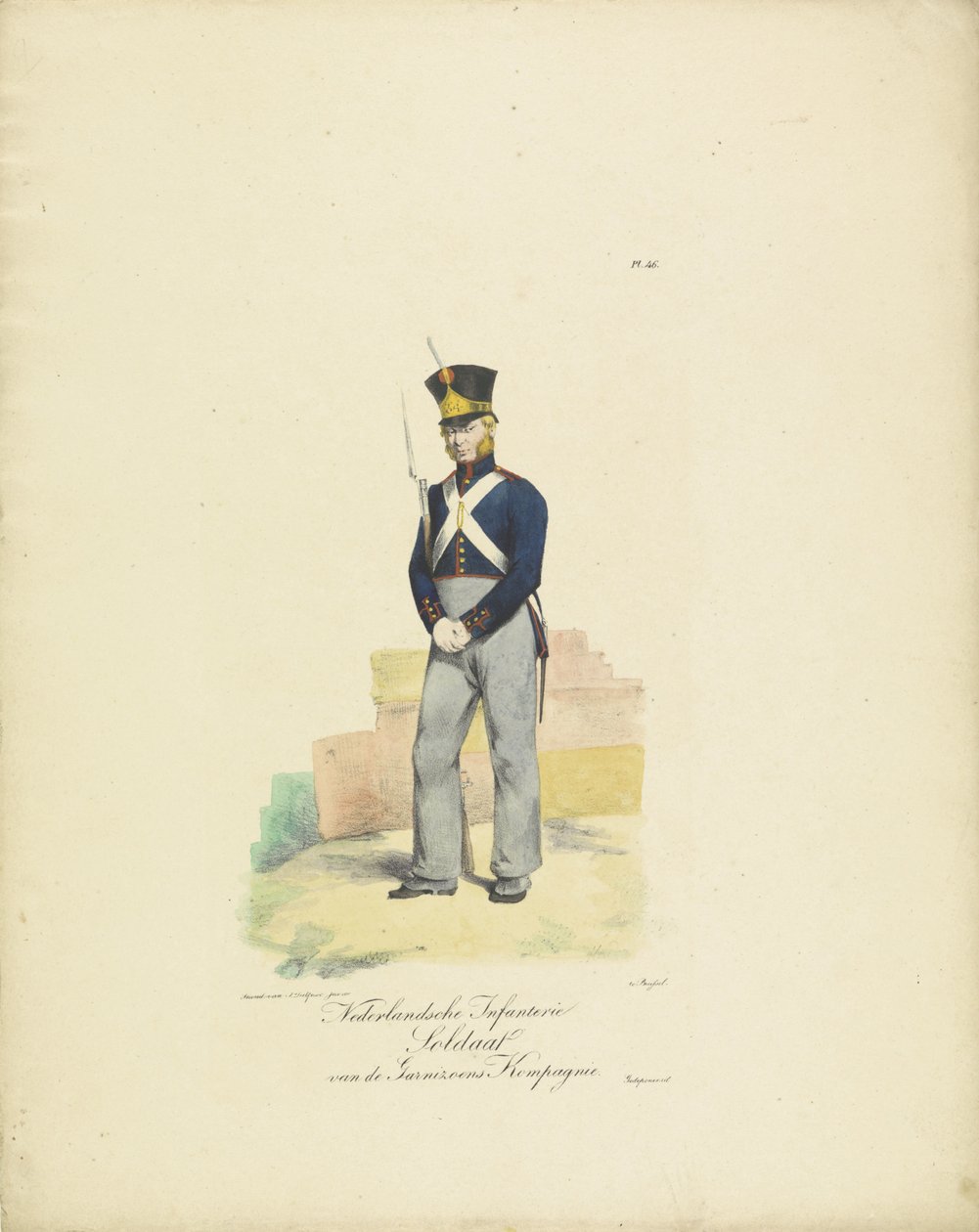 Żołnierz Garnizonowy, 1820-1825 Holenderski żołnierz piechoty Kompanii Garnizonowej (tytuł na obiekcie) Stroje wojskowe Królestwa Niderlandów. Dedykowane Jego Ekscelencji Willemowi van Bylandtowi (tytuł serii na obiekcie) autorstwa Jean Baptiste Madou