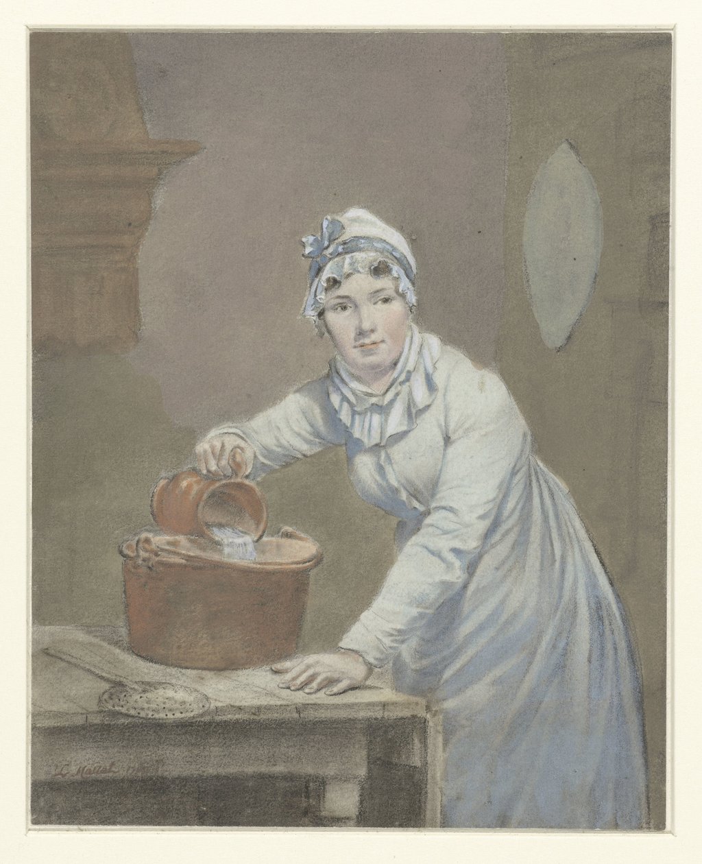 Pokojówka nalewa mleko do rondla autorstwa Jean Baptiste Mallet (possibly)