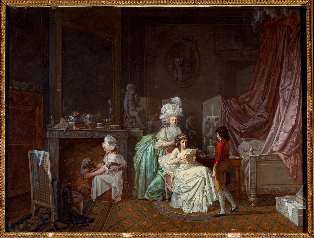 Fryzura rodzinna w zaciszu sypialni, mama grzeje córkę, która czyta. Inny bawi się z psem. Obraz Jeana Baptiste Mallet (1759-1835) XVIII-wieczny Paryż, Sztuka dekoracyjna autorstwa Jean Baptiste Mallet