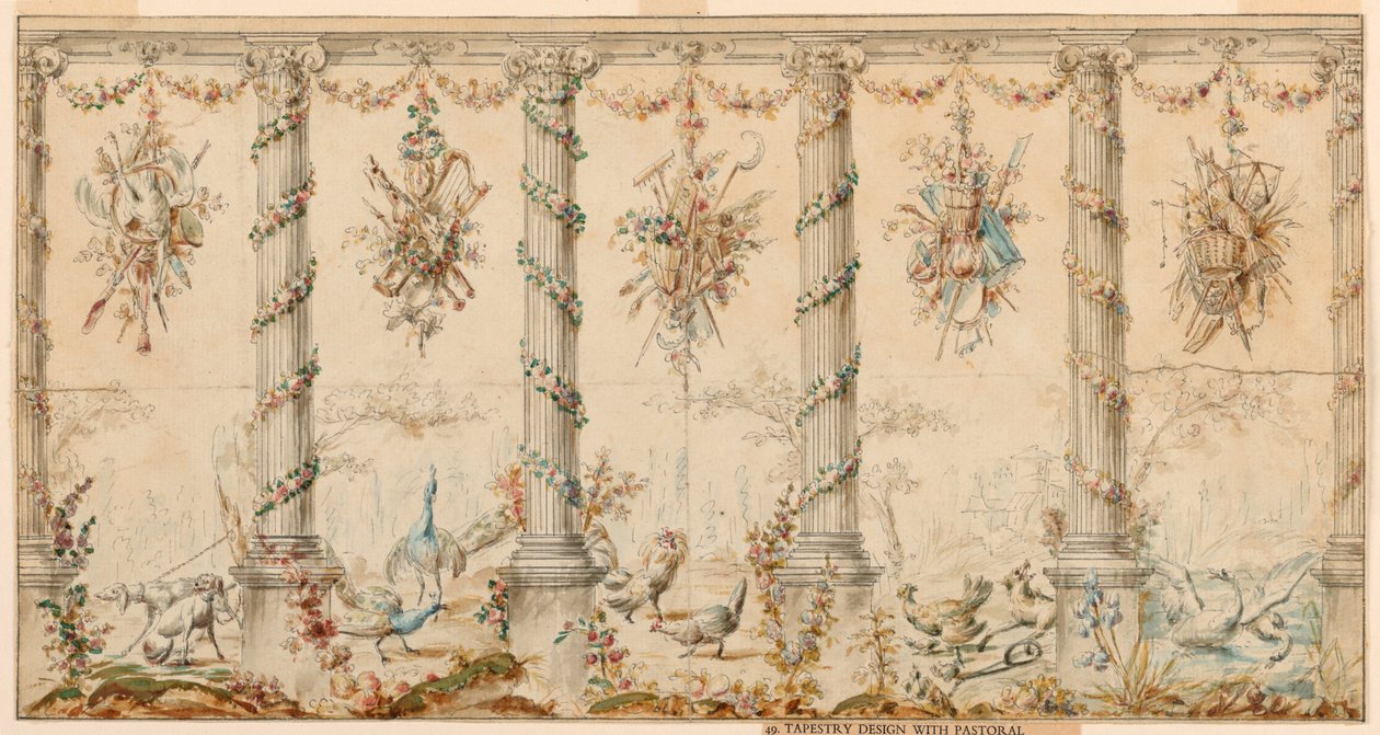 Rysunek, projekt gobelinu poświęconego życiu na farmie, 1780-95 autorstwa Jean Baptiste Marie Huet