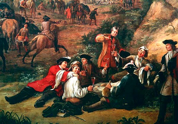 Grupa Pijących Żołnierzy, fragment Widoku Kwatery Głównej Księcia Conti między San Sebastian a Hondarribia, czerwiec 1719 (detal 429011) autorstwa Jean Baptiste Martin
