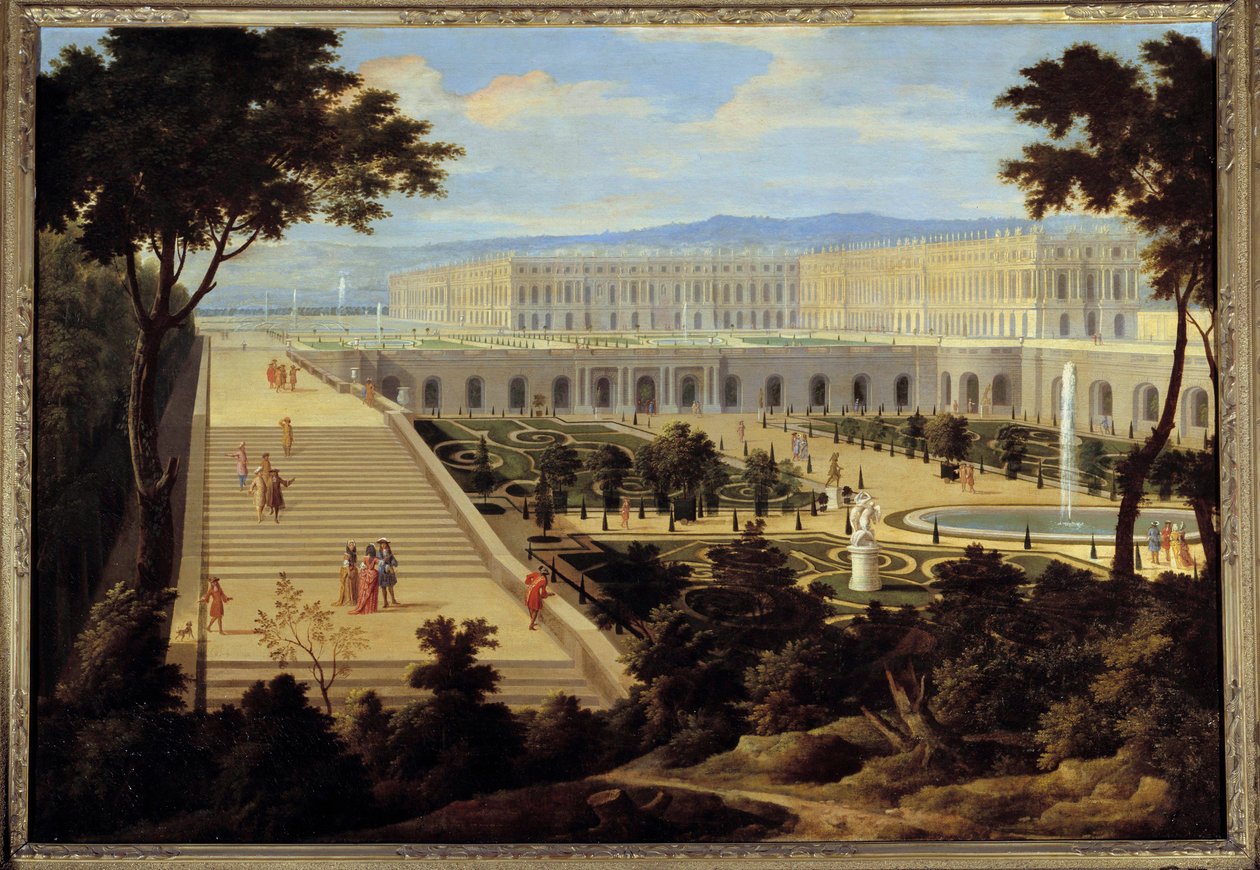 Widok oranżerii, schodów Cent-Marszów i pałacu wersalskiego ok. 1695 r. Obraz przypisywany Jean-Baptiste Martinowi (Starszemu) (1659-1735) 1695 nd. 1,15x1,65 m² autorstwa Jean Baptiste Martin