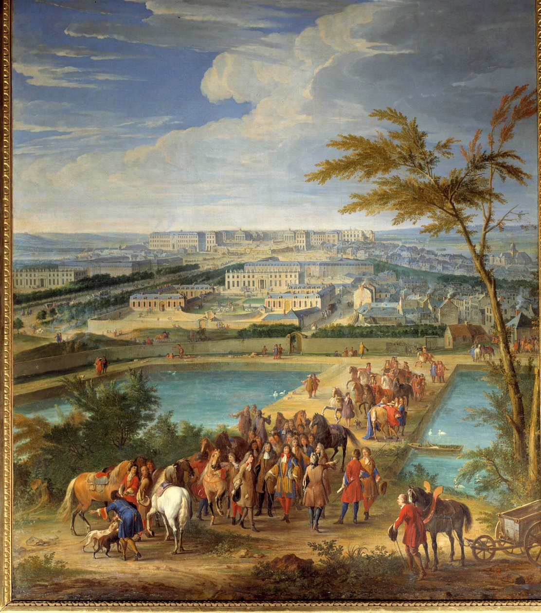 Widok na miasto i zamek wersalski ze wzgórza montbauron, Ludwik XIV (1638-1715) i Francois Michel le Tellier, markiz de Louvois odwiedzają nowe zbiorniki wodne Obraz Jean-Baptiste Martina (Starszego) (1659-1735) ) XVII w. niedz. 2, autorstwa Jean Baptiste Martin