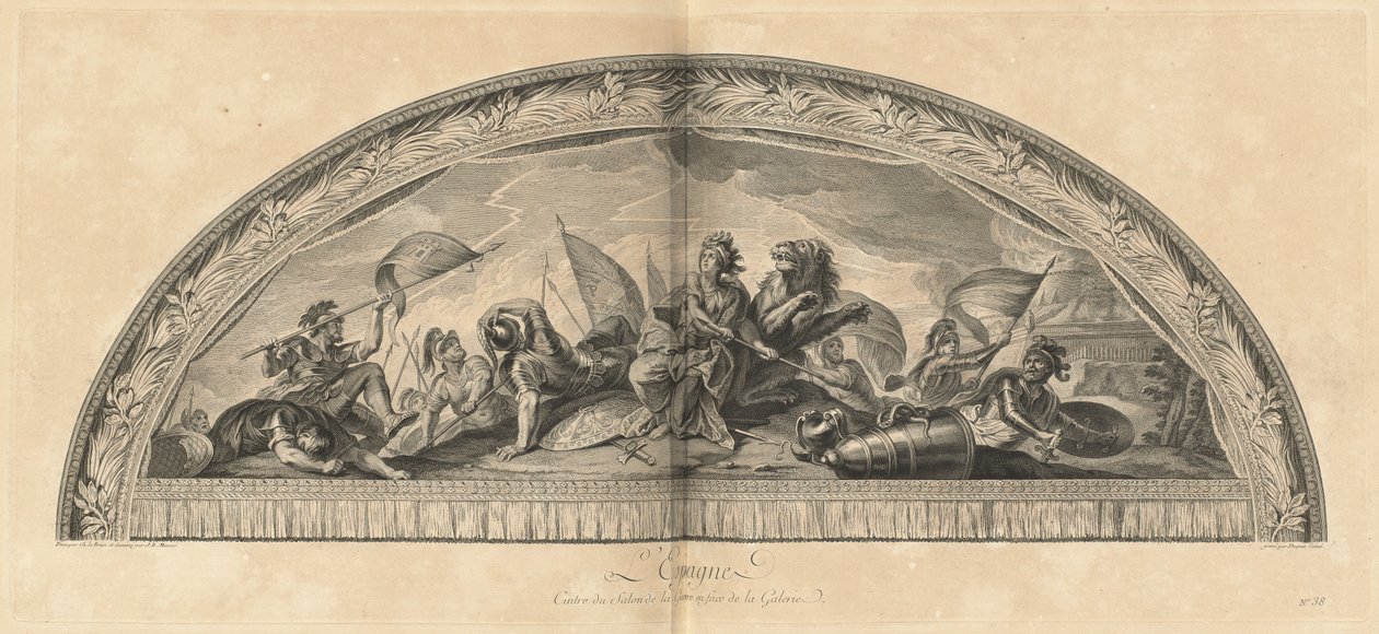 Hiszpania Wieszak Salonu de la Guerre przed Galerią (Hiszpania, Centrum Salonu Wojennego Naprzeciw Galerii) [pl. 38] autorstwa Jean Baptiste Masse