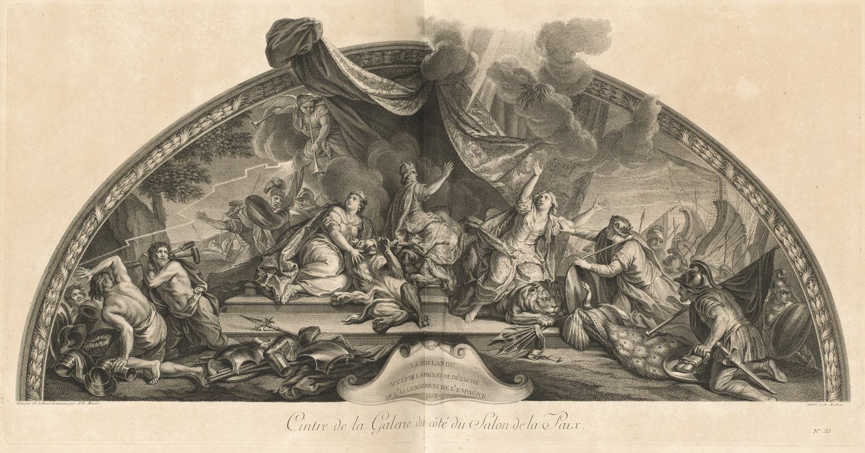 Holandia akceptuje pokój i odrywa się od Niemiec i Hiszpanii 1678, Centrum Galerii przy Salonie de la Paix (Holandia Przyjmuje Pokój i Odcina się od Niemiec i Hiszpanii 1678, Centrum Galerii przy Salonie Pokoju) [pl. 33 autorstwa Jean Baptiste Masse