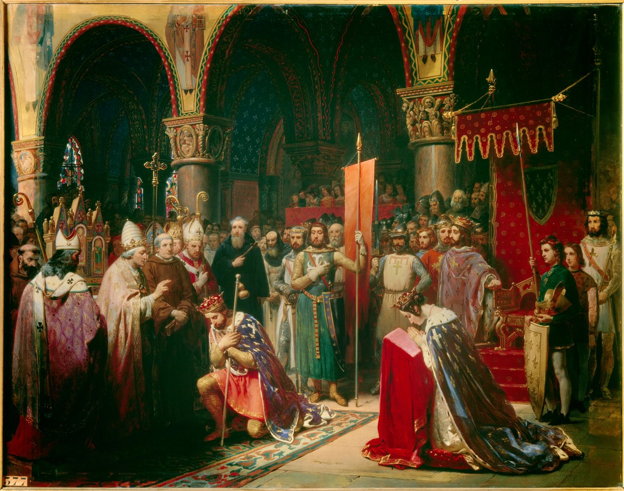 Król Ludwik VII (1120-1180) przejmuje oriflame w bazylice Saint Denis (Saint Denis) w obecności królowej Alienor Akwitanii i odbiera trzmiel i pannetiere pelerin z rąk papieża Eugeniusza III (? -1153) przed jego odejściem autorstwa Jean Baptiste Mauzaisse
