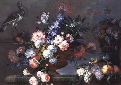 Martwa natura owoców i kwiatów z ptakami autorstwa Jean Baptiste Monnoyer