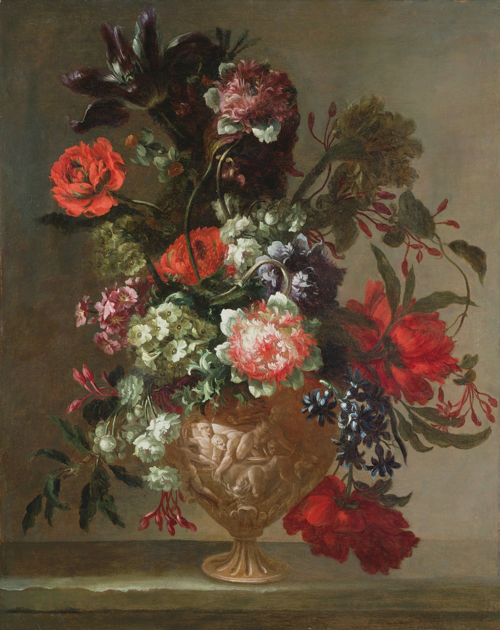 Martwa natura z kwiatami w rzeźbionym wazonie autorstwa Jean Baptiste Monnoyer