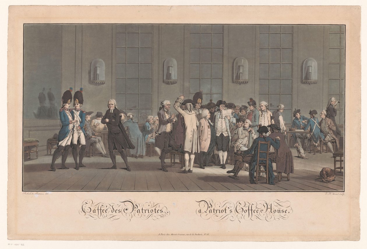 Kawiarnia poznała patriotę Cafe des Patriotes / Kawiarnia Patriota (tytuł na obiekcie) autorstwa Jean Baptiste Morret