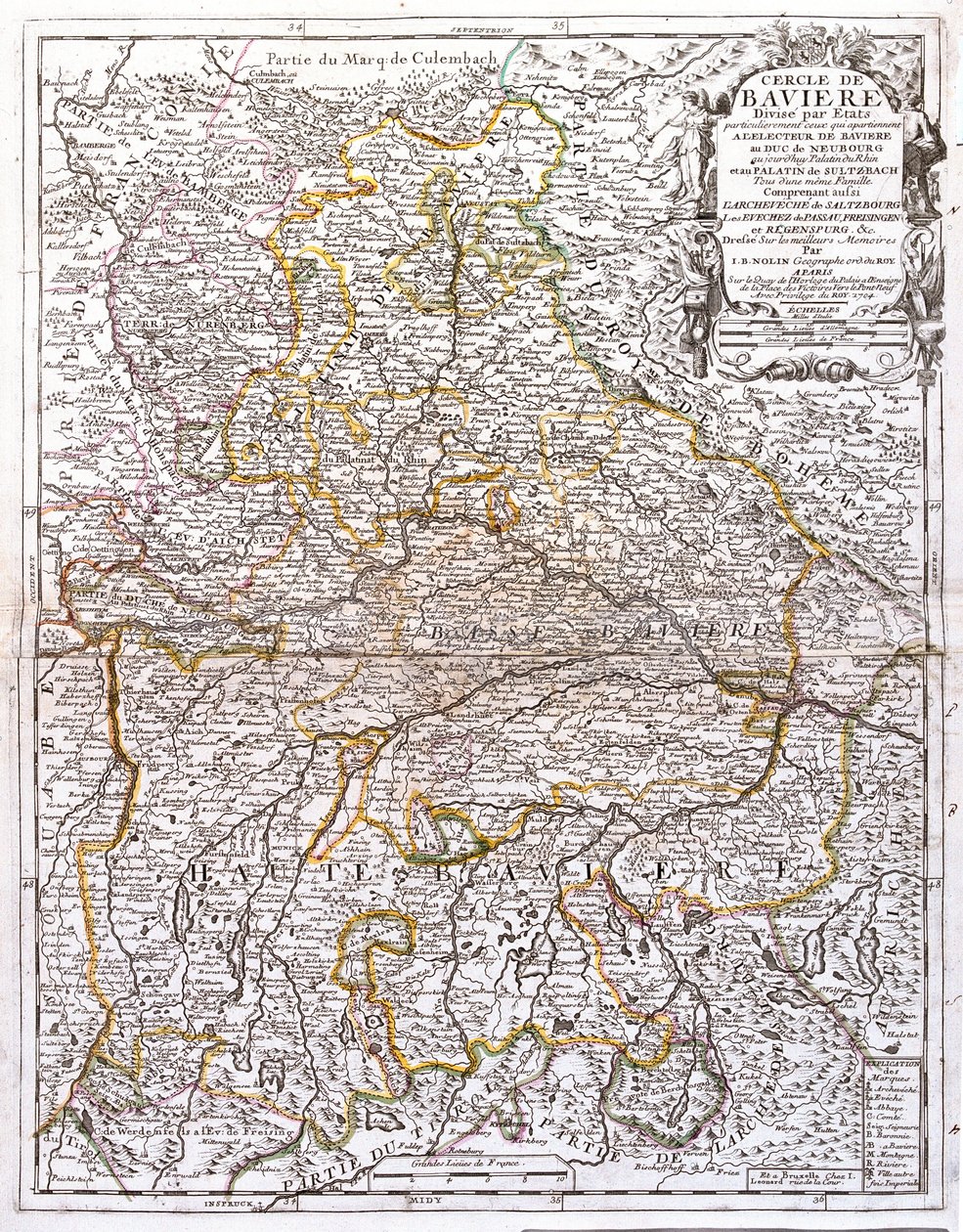 Mapa Bawarii (Niemcy) (Grawerowanie autorstwa Jean Baptiste Nolin