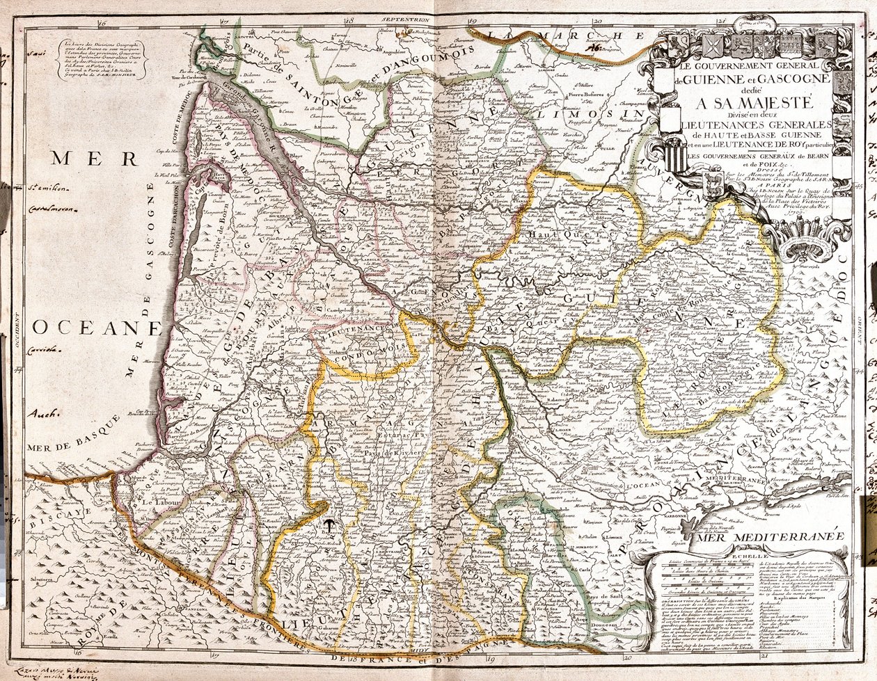 Mapa Guyenne i Gascogne (południowo-zachodnia Francja) (Grawerowanie autorstwa Jean Baptiste Nolin