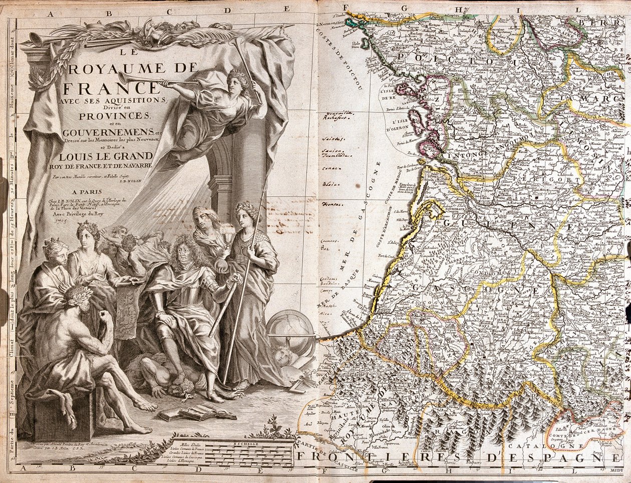 Mapa Guyenne i Gaskonii z portretem Ludwika XIV (1638-1715) w otoczeniu alegorycznych postaci autorstwa Jean Baptiste Nolin