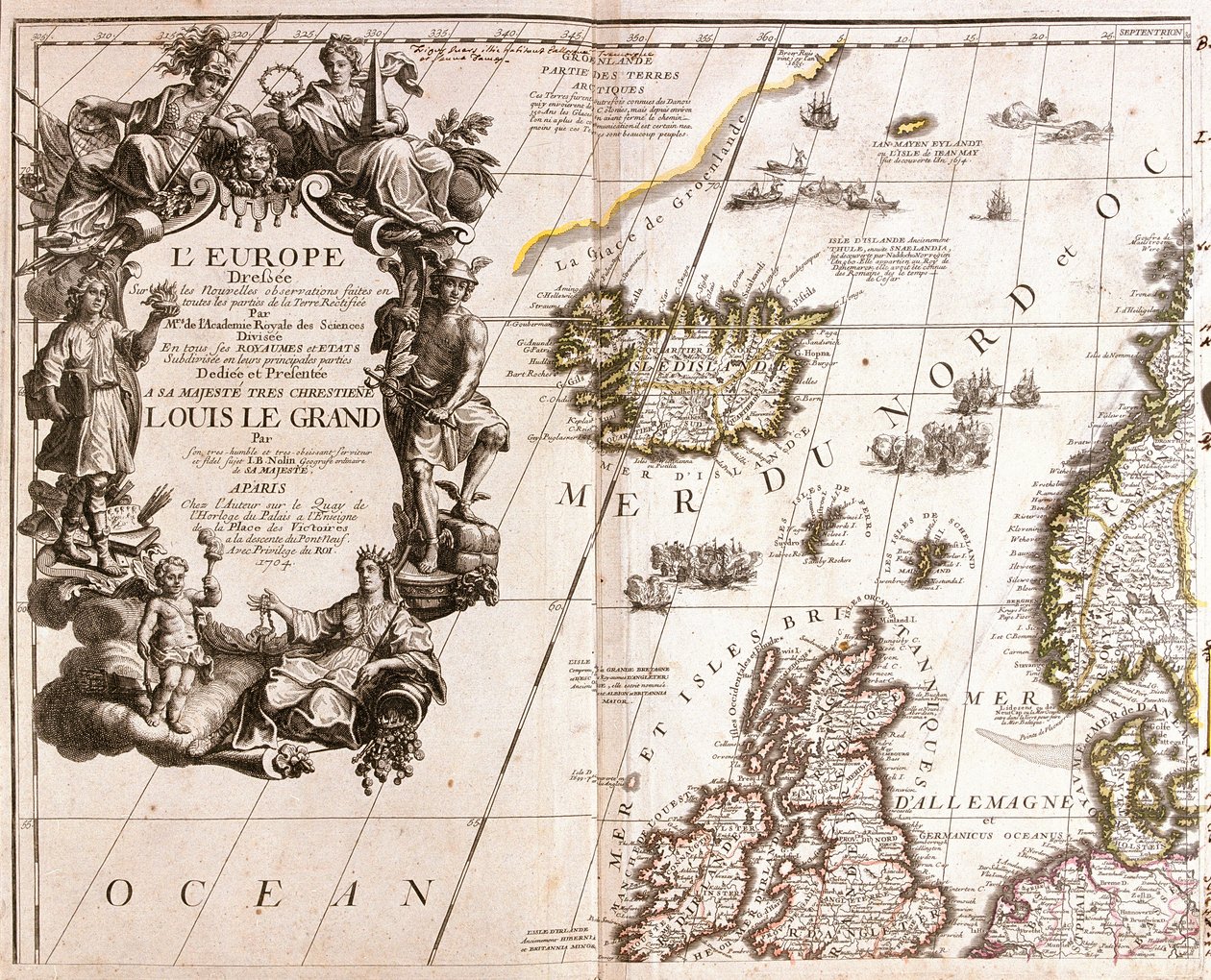 Mapa Islandii i północnych Wysp Brytyjskich na Morzu Północnym autorstwa Jean Baptiste Nolin