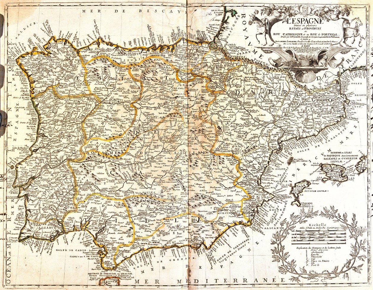 Mapa Hiszpanii i Portugalii (Grawerowanie autorstwa Jean Baptiste Nolin