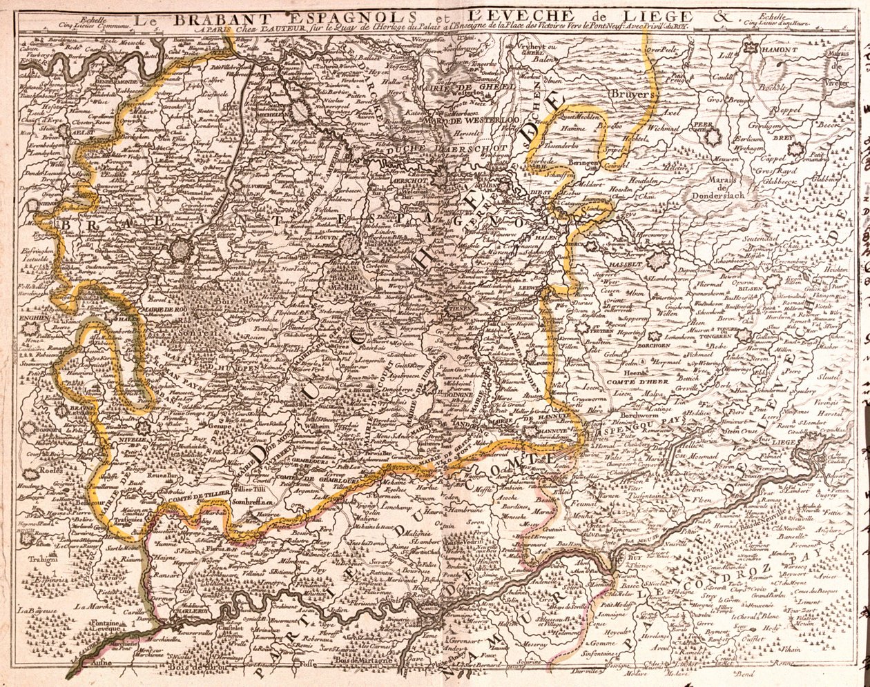 Mapa Brabancji Hiszpańskiej (Brabancja Flamandzka i Walońska) oraz diecezji Liege (Belgia) (Grawerowanie autorstwa Jean Baptiste Nolin
