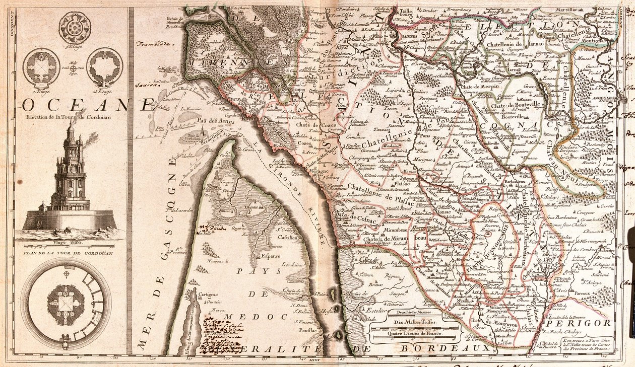 Mapa Akwitanii (Francja) (Grawerowanie autorstwa Jean Baptiste Nolin