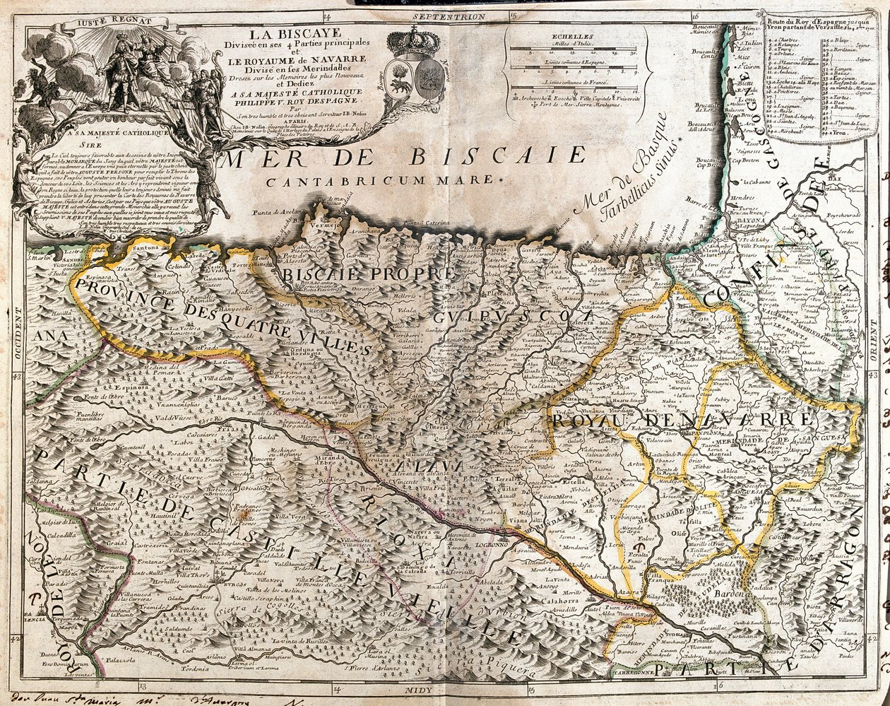 Mapa prowincji Biskajskiej (Hiszpania) i królestwa Nawarry (Francja) (Grawerowanie autorstwa Jean Baptiste Nolin