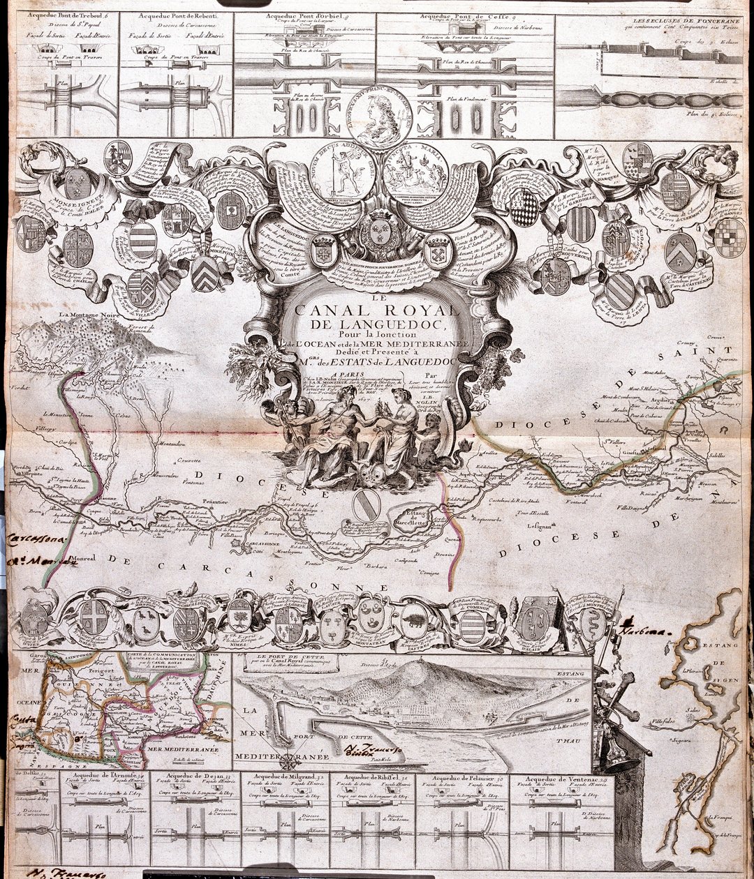 Mapa Canal du Midi, z jego akweduktami (Grawerowanie autorstwa Jean Baptiste Nolin