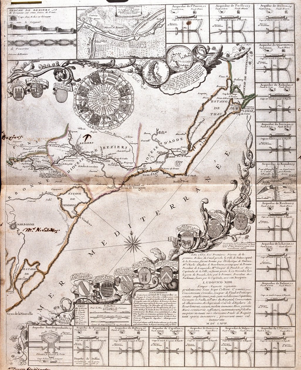 Mapa Canal du Midi, z jego akweduktami (Grawerowanie autorstwa Jean Baptiste Nolin