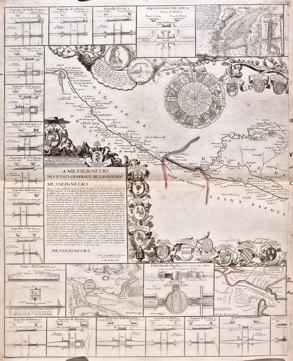 Mapa Canal du Midi, z jego akweduktami (Grawerowanie autorstwa Jean Baptiste Nolin