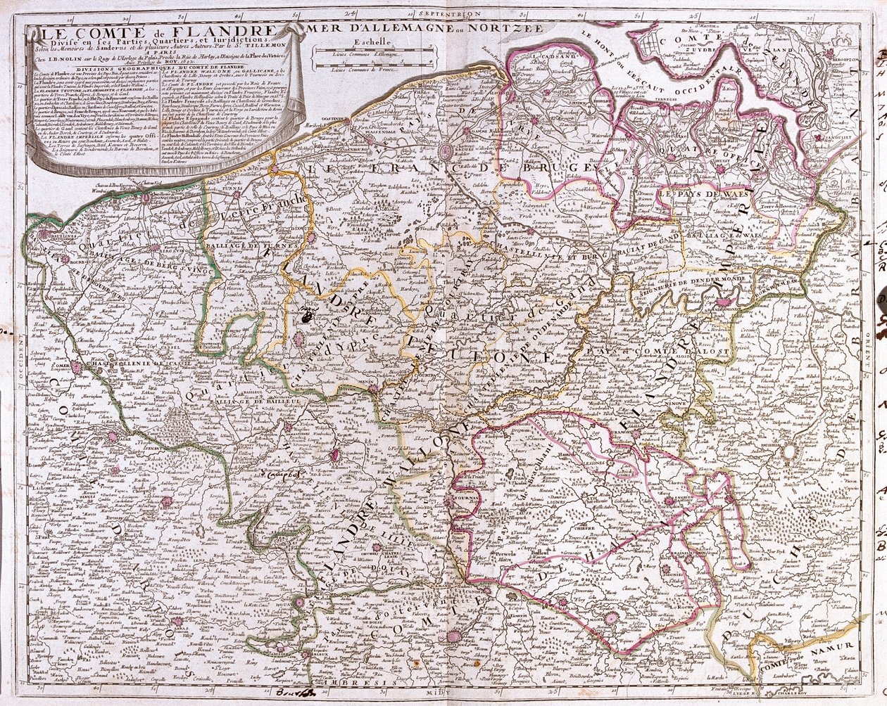 Mapa Hrabstwa Flandrii (dzisiejsza Flandria Zachodnia i Wschodnia Belgii) (Grawerowanie autorstwa Jean Baptiste Nolin