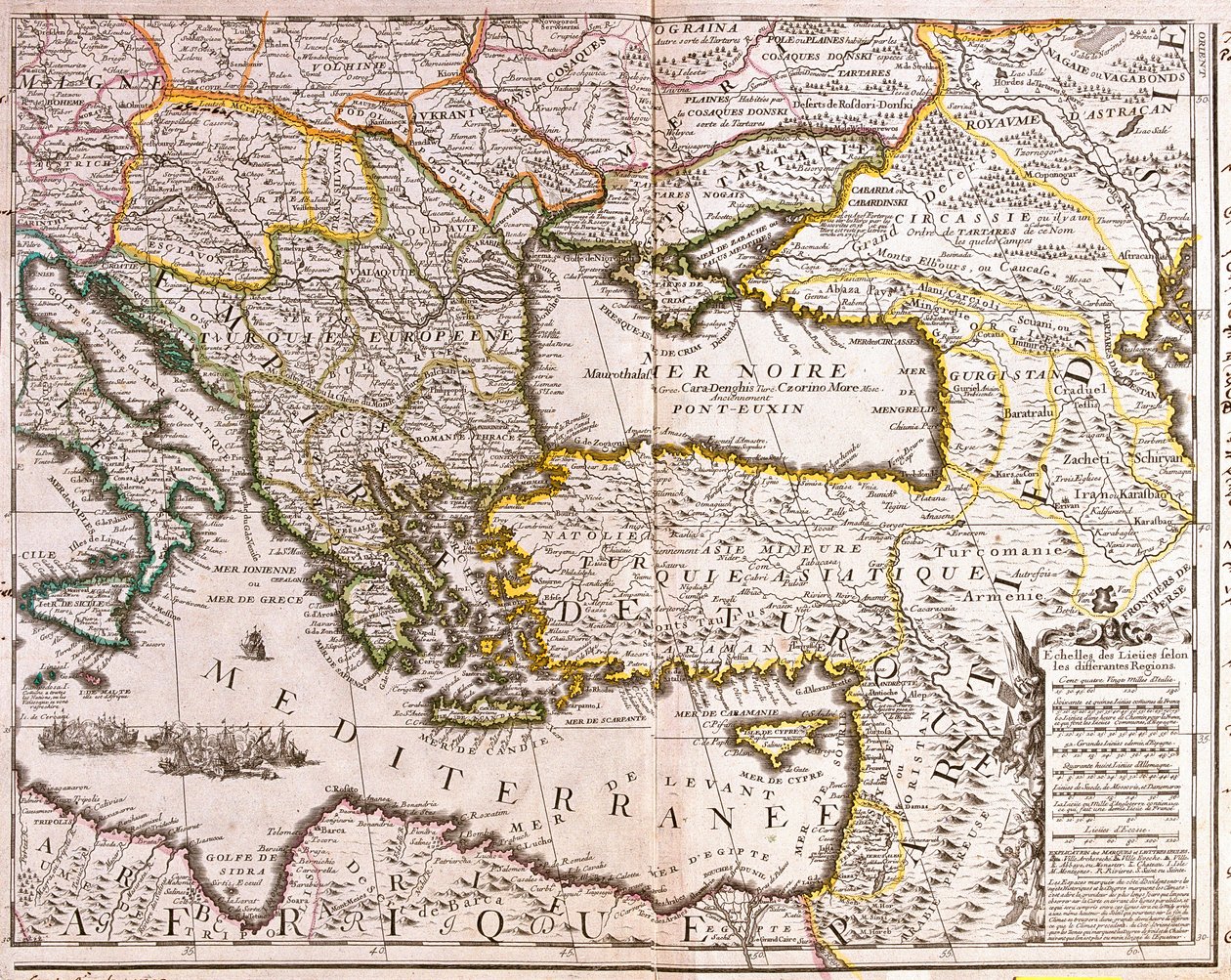 Mapa krajów wschodniego regionu Morza Śródziemnego i Morza Czarnego, Turcji i prowincji Azji Mniejszej (akwaforta) autorstwa Jean Baptiste Nolin