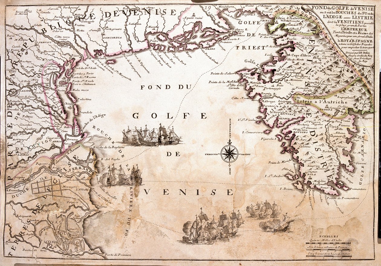 Mapa Zatoki Weneckiej, Morze Adriatyckie (Grawerowanie autorstwa Jean Baptiste Nolin