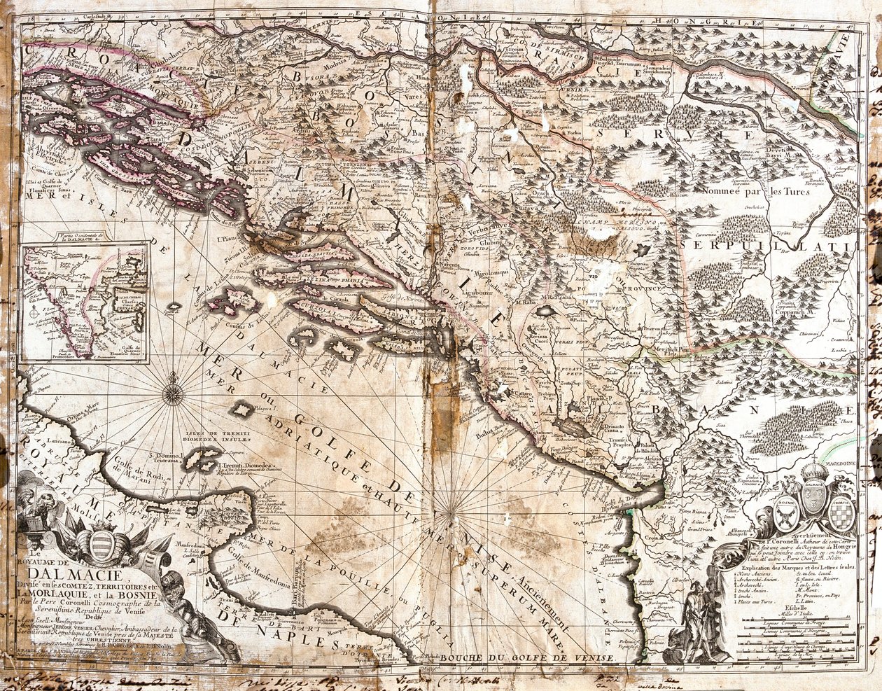 Mapa Królestwa Dalmacji (dzisiejsza Chorwacja i Czarnogóra), na wybrzeżu Zatoki Weneckiej (Morze Adriatyckie) (Grawerowanie autorstwa Jean Baptiste Nolin