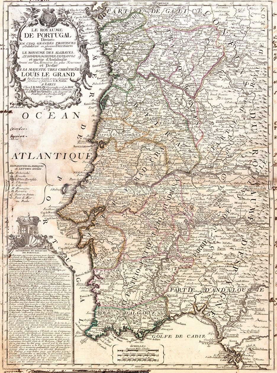 Mapa Królestwa Portugalii (Grawerowanie autorstwa Jean Baptiste Nolin