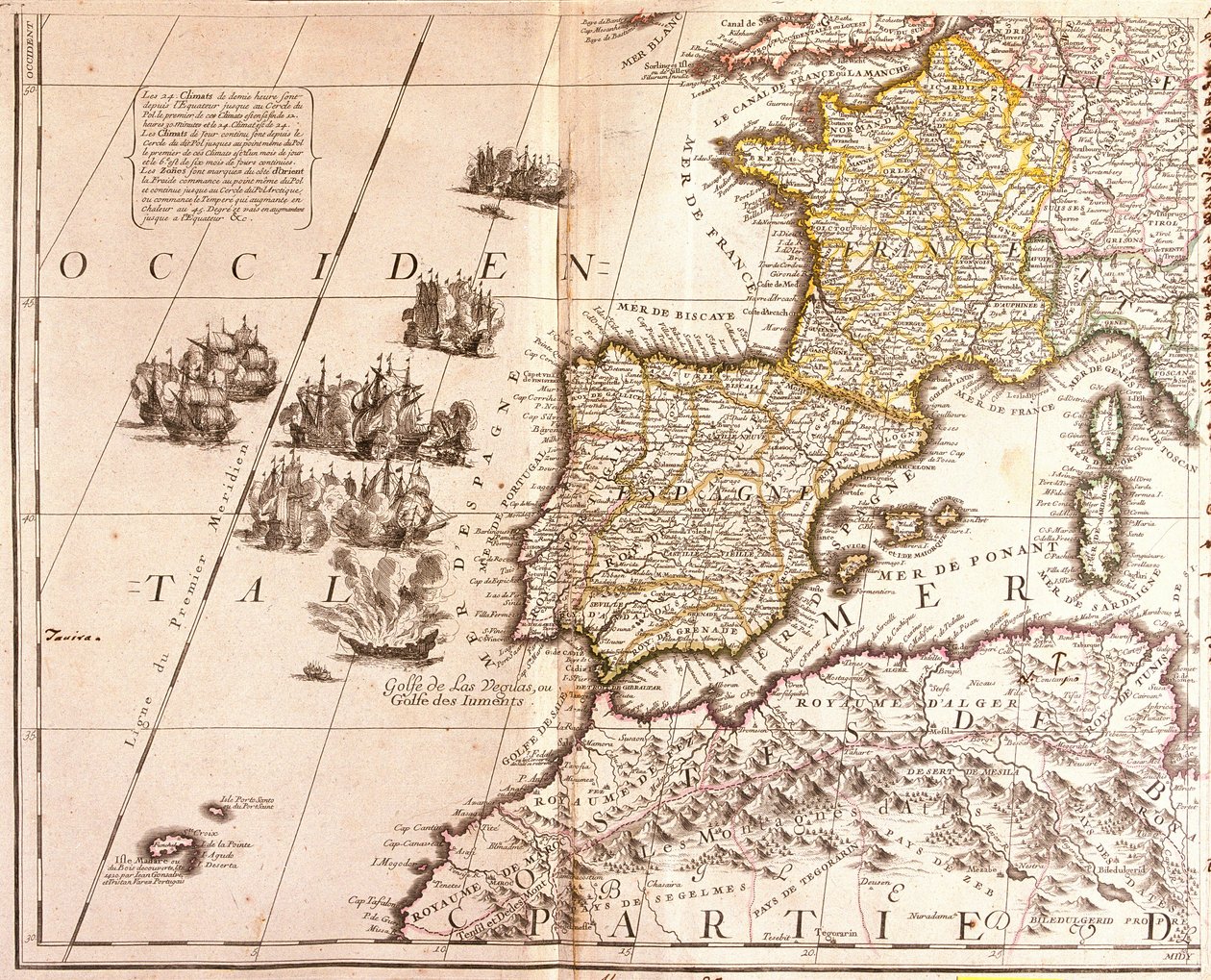 Mapa krajów zachodniego basenu Morza Śródziemnego: Francja, Hiszpania, Portugalia i Afryka Północna (Maroko, Algieria, Tunezja) z Balearami, Korsyką i Sardynią (akwaforta autorstwa Jean Baptiste Nolin