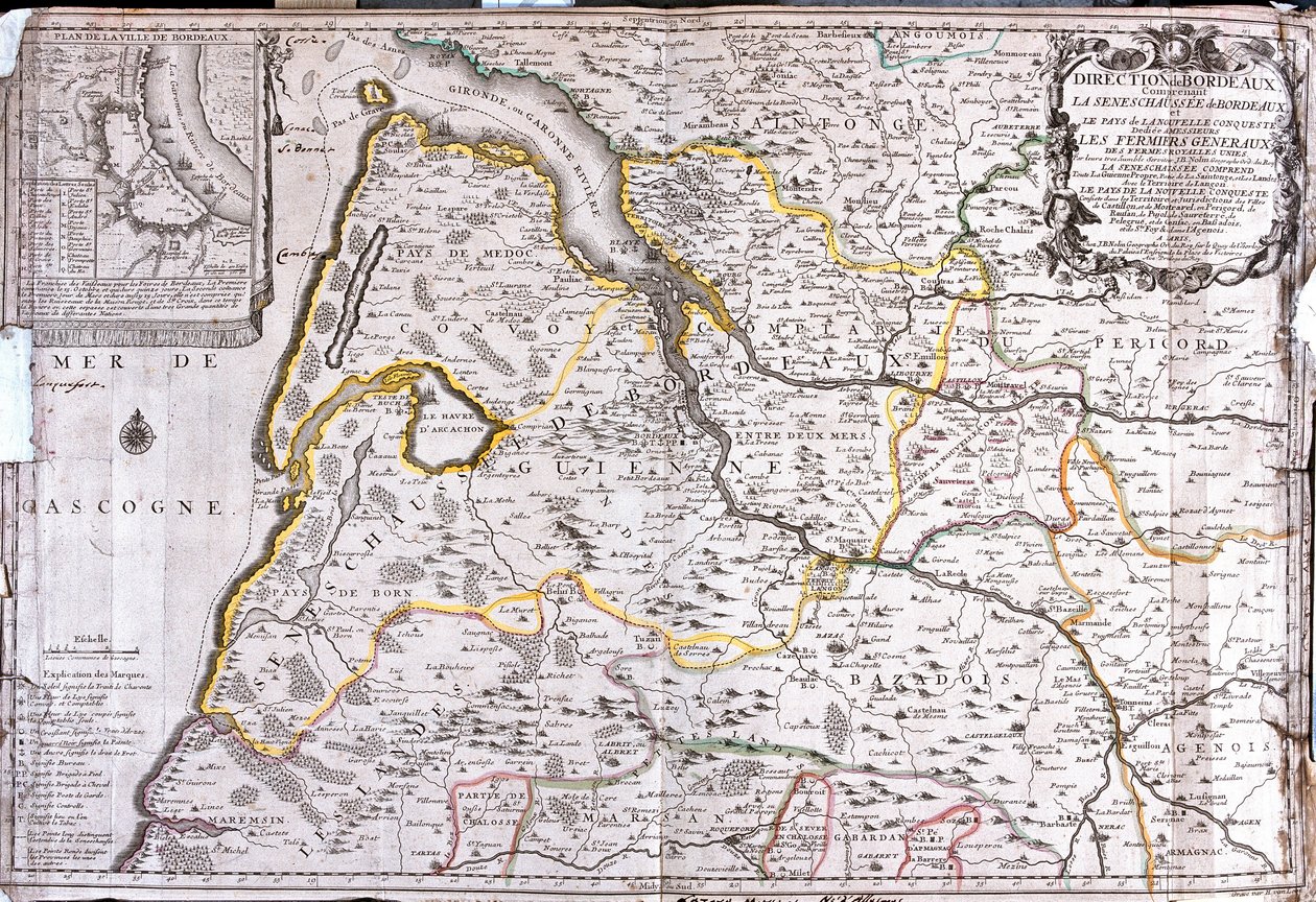Mapa obszaru wokół Bordeaux (Francja) (Grawerowanie autorstwa Jean Baptiste Nolin