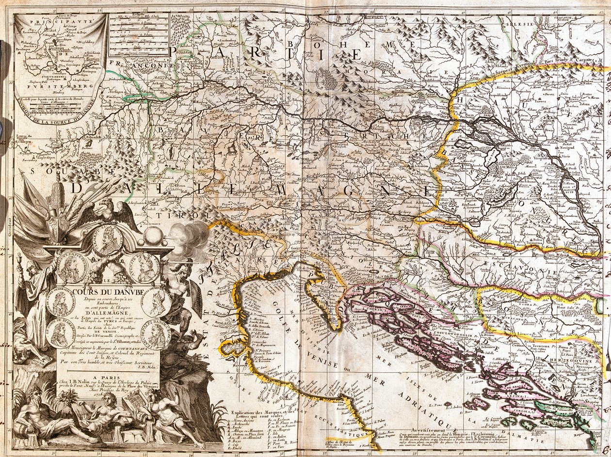 Mapa przebiegu Dunaju w Niemczech (Grawerowanie autorstwa Jean Baptiste Nolin