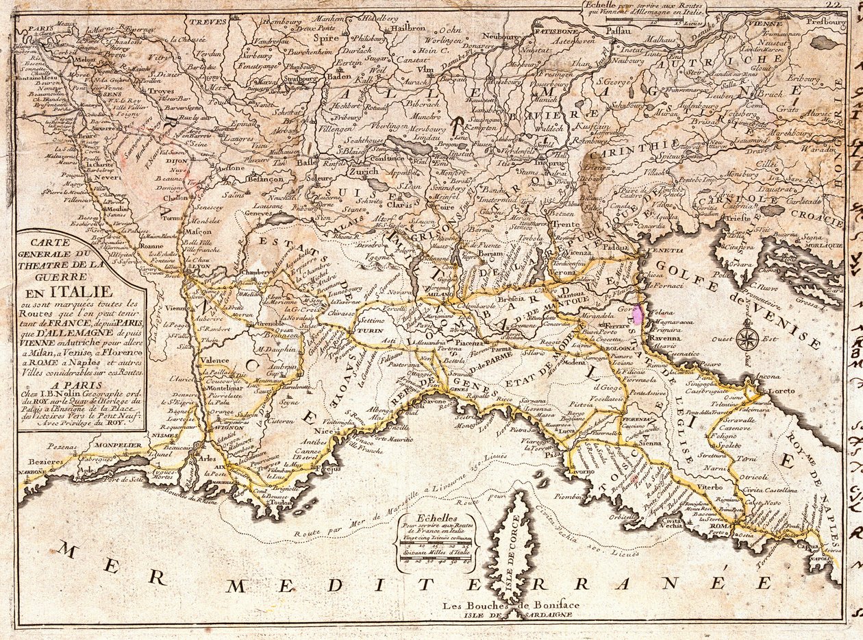 Mapa dróg prowadzących do głównych włoskich miast z całej Europy (Grawerowanie autorstwa Jean Baptiste Nolin