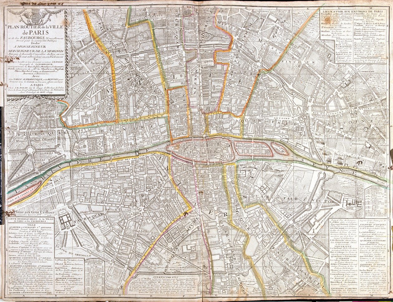 Mapa dojazdu do Paryża i jego przedmieść autorstwa Jean Baptiste Nolin