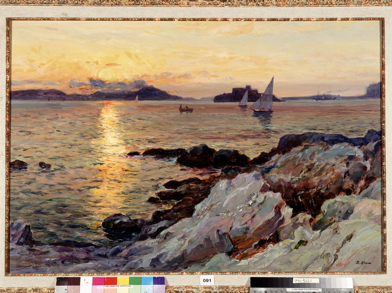 Słońce zachodzące na Frioul Malarstwo Jeana Baptiste Olive (1848-1936) XX w. Wym. 50x73 cm Obowiązkowa wzmianka: Kolekcja fundacji pozdrowienia Prowansji, Marsylia autorstwa Jean Baptiste Olive