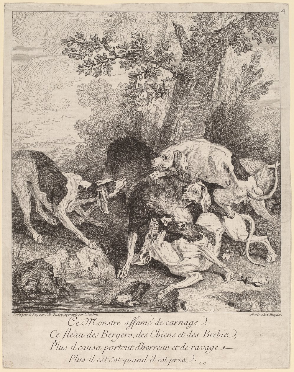Wilk zaatakowany przez psy autorstwa Jean Baptiste Oudry