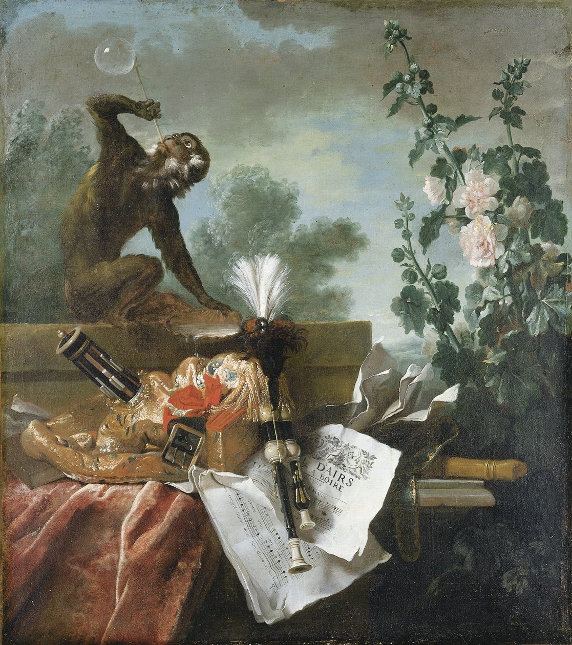 Alegoria powietrza: muzyczna martwa natura z małpą dmuchającą bańki, musette, flet i nuty autorstwa Jean Baptiste Oudry