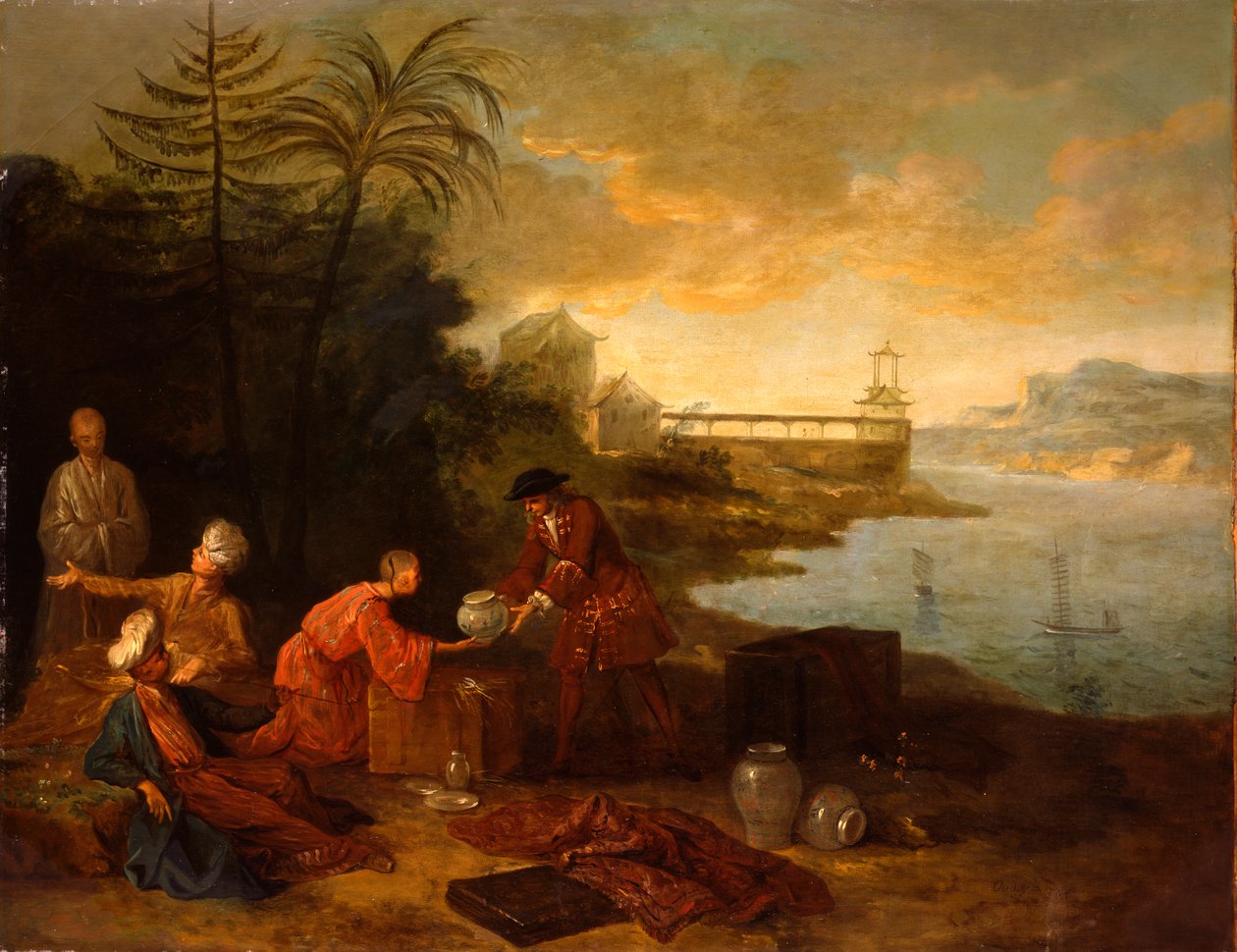 Azja - Europejski kupiec kupujący porcelanę od chińskiego kupca, 1724 autorstwa Jean Baptiste Oudry