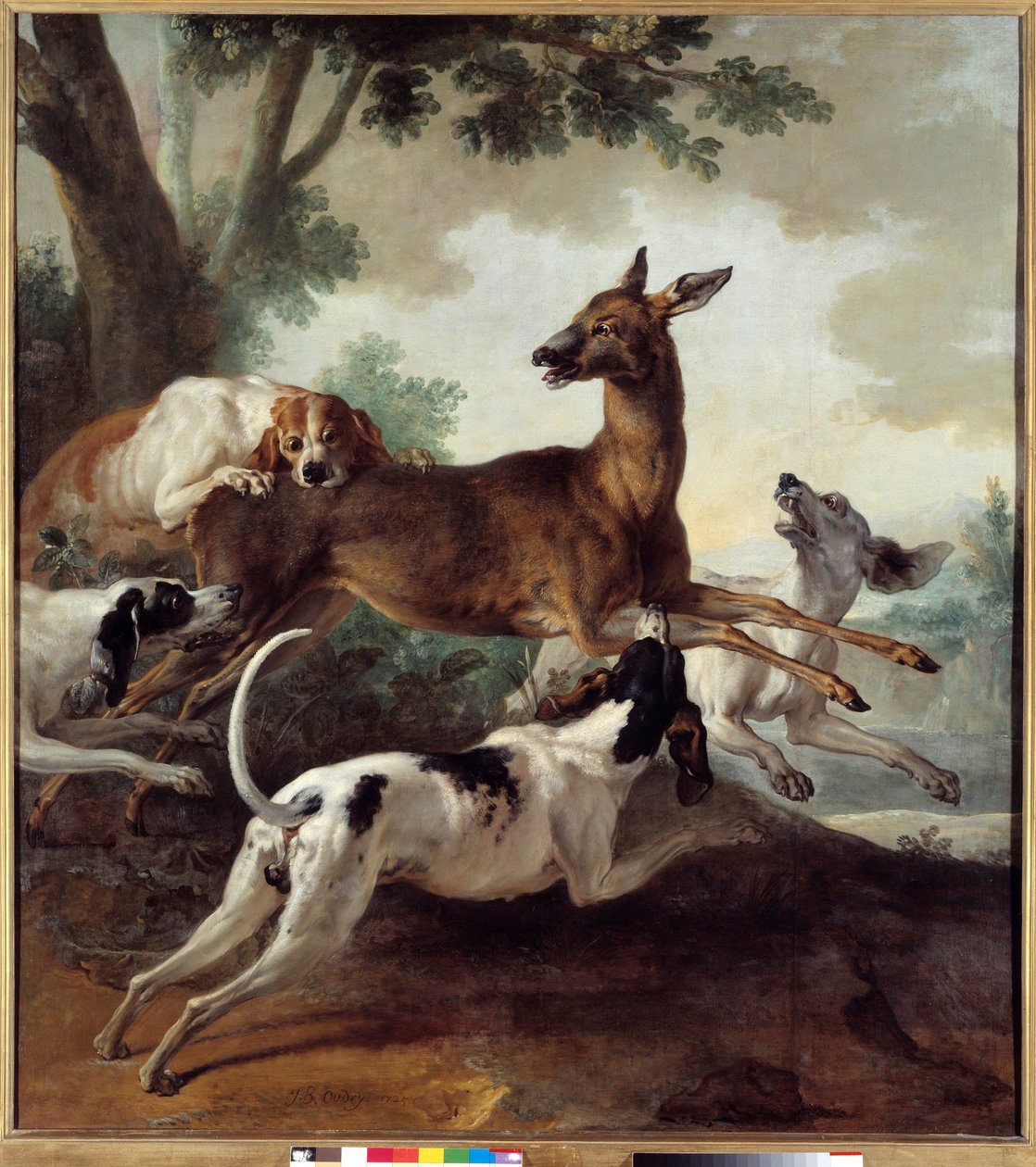 Jeleń ścigany przez psy. Scena polowania. Obraz Jeana Baptiste Oudry