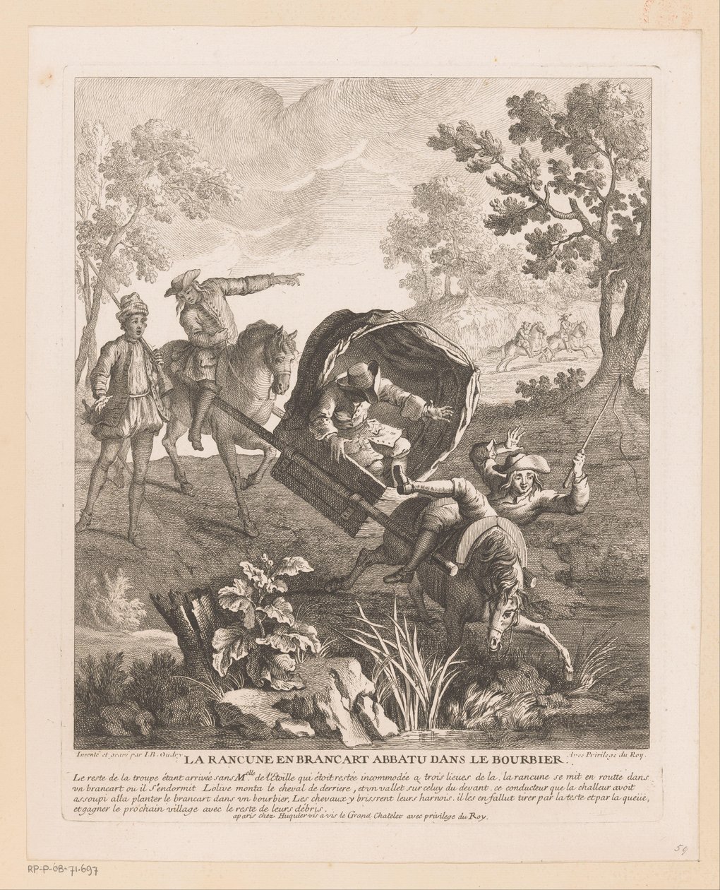 Nosidło z końmi wpada do wody La Rancune en brancart abbatu dans le bourbier (tytuł na obiekcie) Sceny z Roman Comique Scarrona (tytuł serii) autorstwa Jean Baptiste Oudry