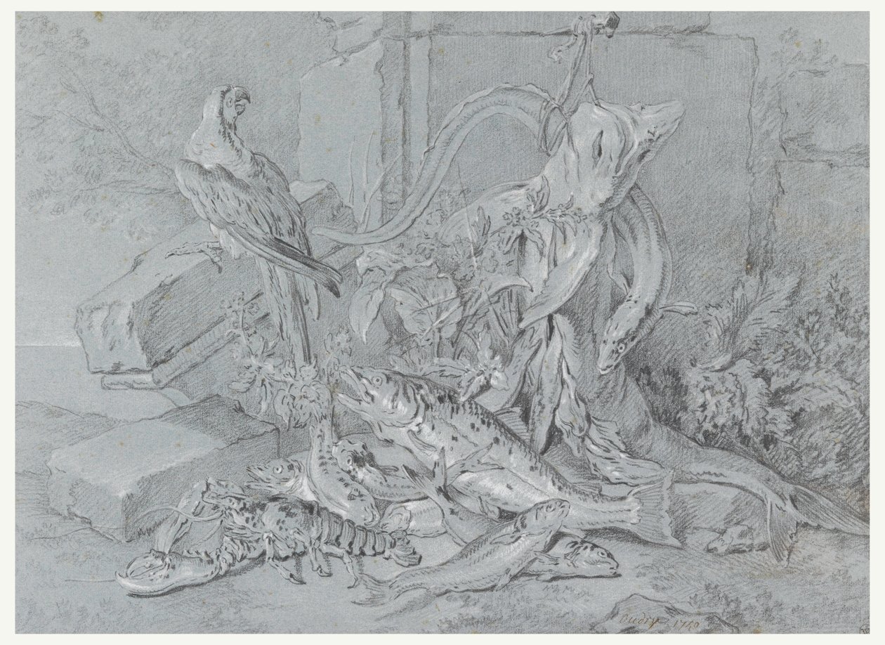 Rysunek, martwa natura z rybą i papugą, 1740 autorstwa Jean Baptiste Oudry