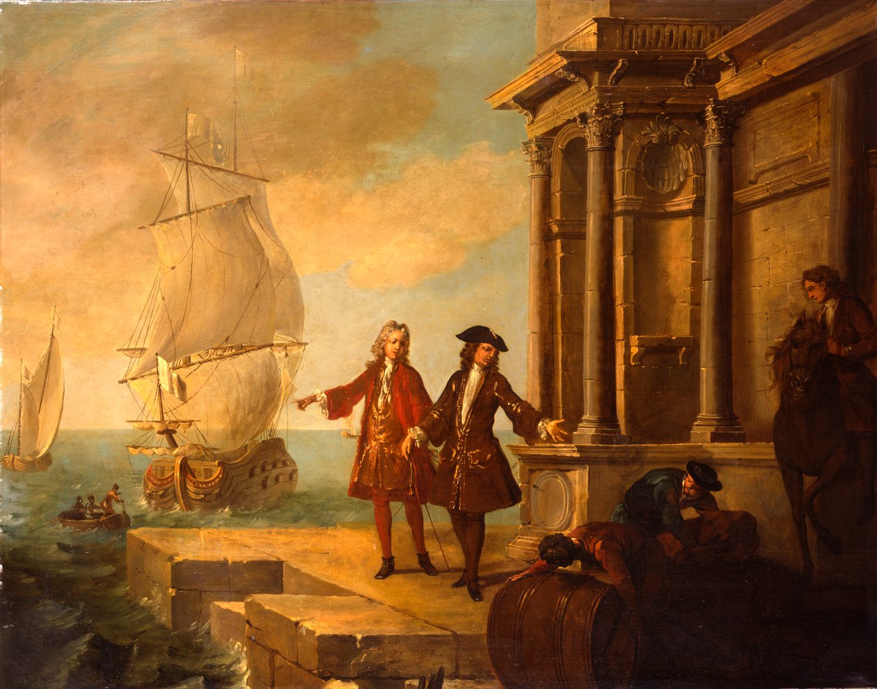 Europa - europejscy kupcy z sztauerami przeładującymi beczkę i belę na nabrzeżu, 1724 autorstwa Jean Baptiste Oudry