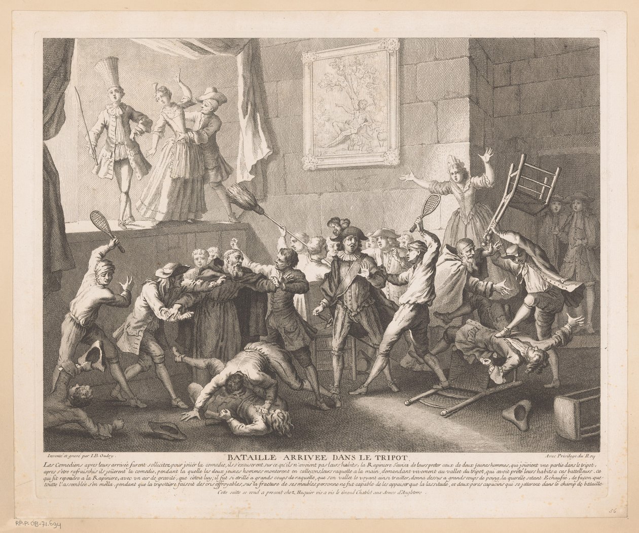 Walcz w teatrze Bataille arrivée dans le tripot (tytuł na obiekcie) Sceny z Roman Comique Scarrona (tytuł serii) autorstwa Jean Baptiste Oudry