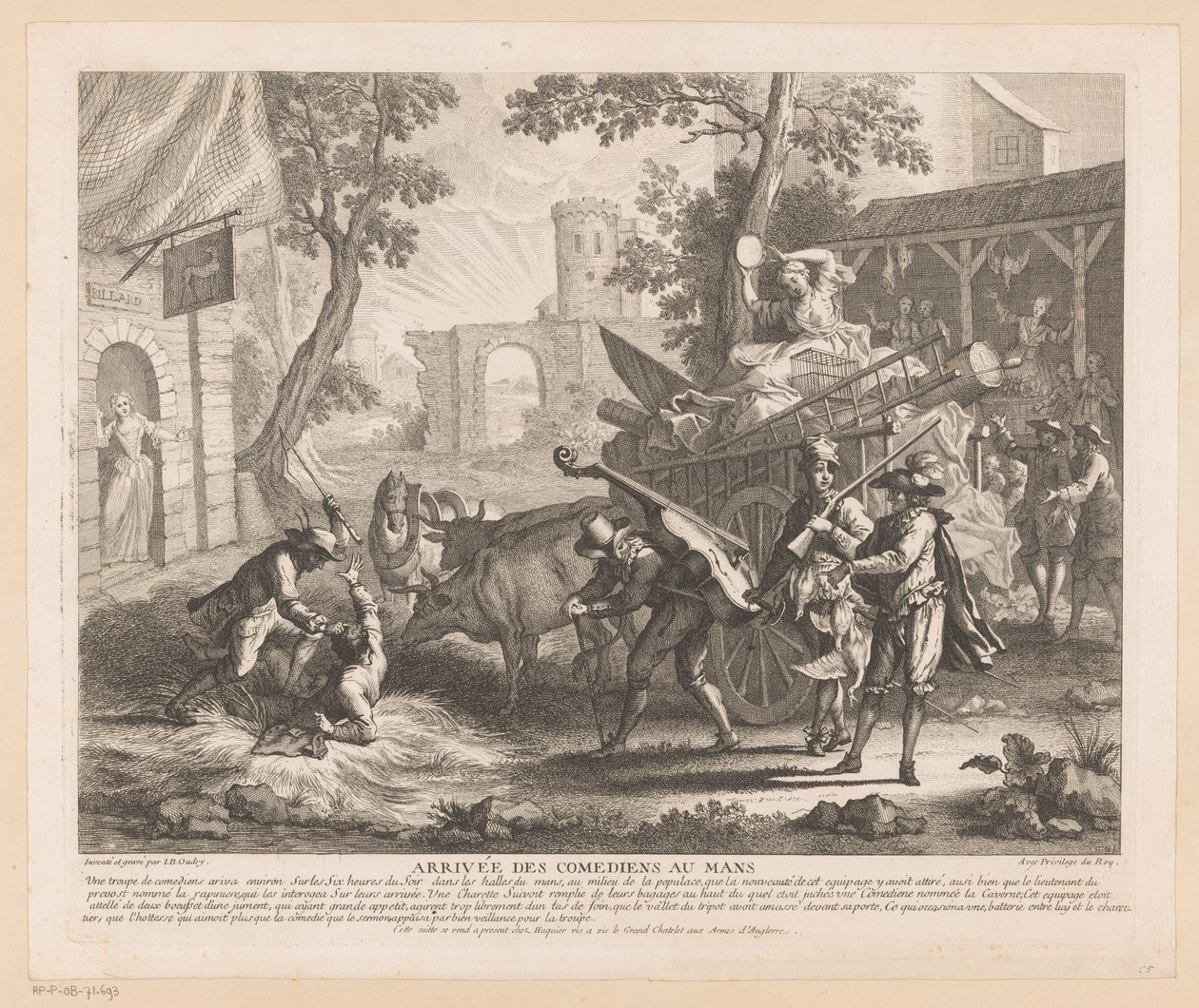 Firma przybywa do karczmy Arrivée des comediens au Mans (tytuł na obiekcie) Sceny z Roman Comique Scarrona (tytuł serii) autorstwa Jean Baptiste Oudry