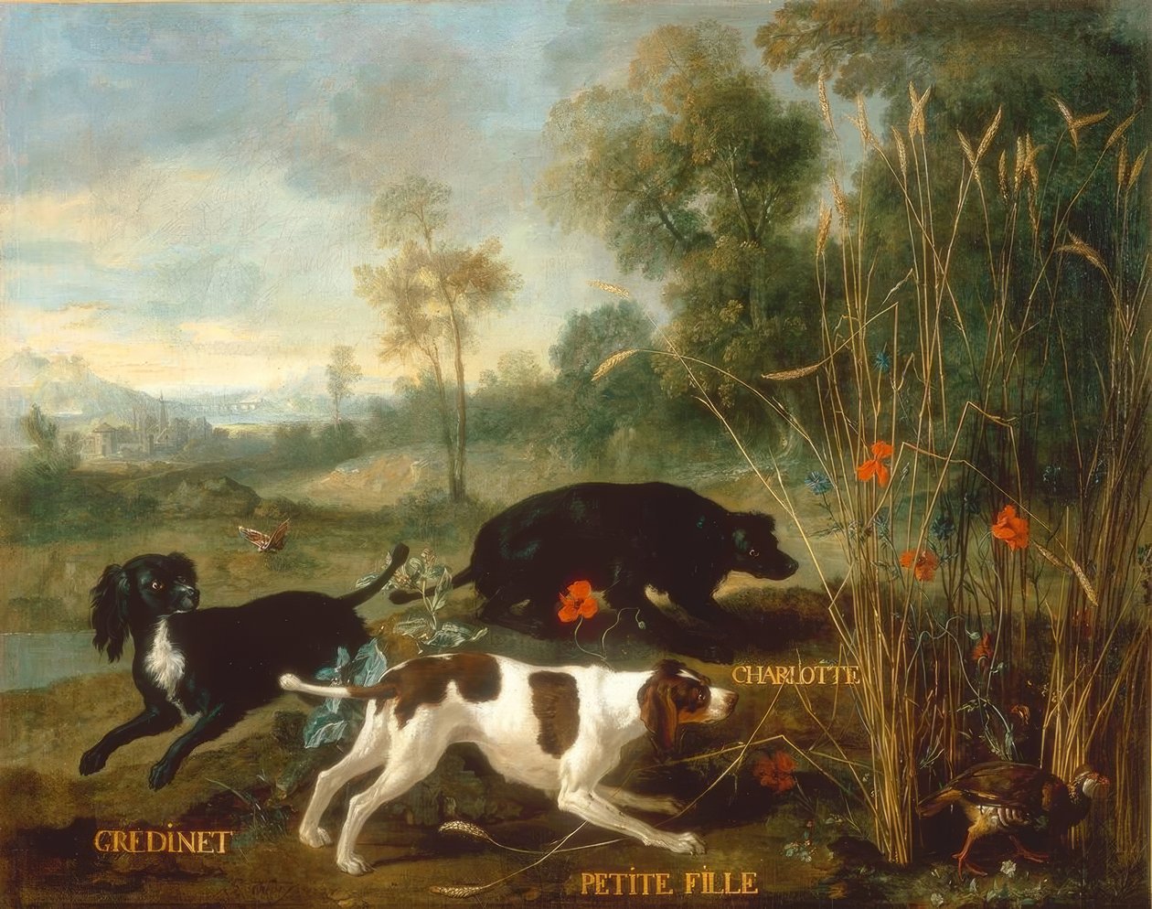 Gredinet, Little Girl i Charlotte, trzy spaniele Lou autorstwa Jean Baptiste Oudry