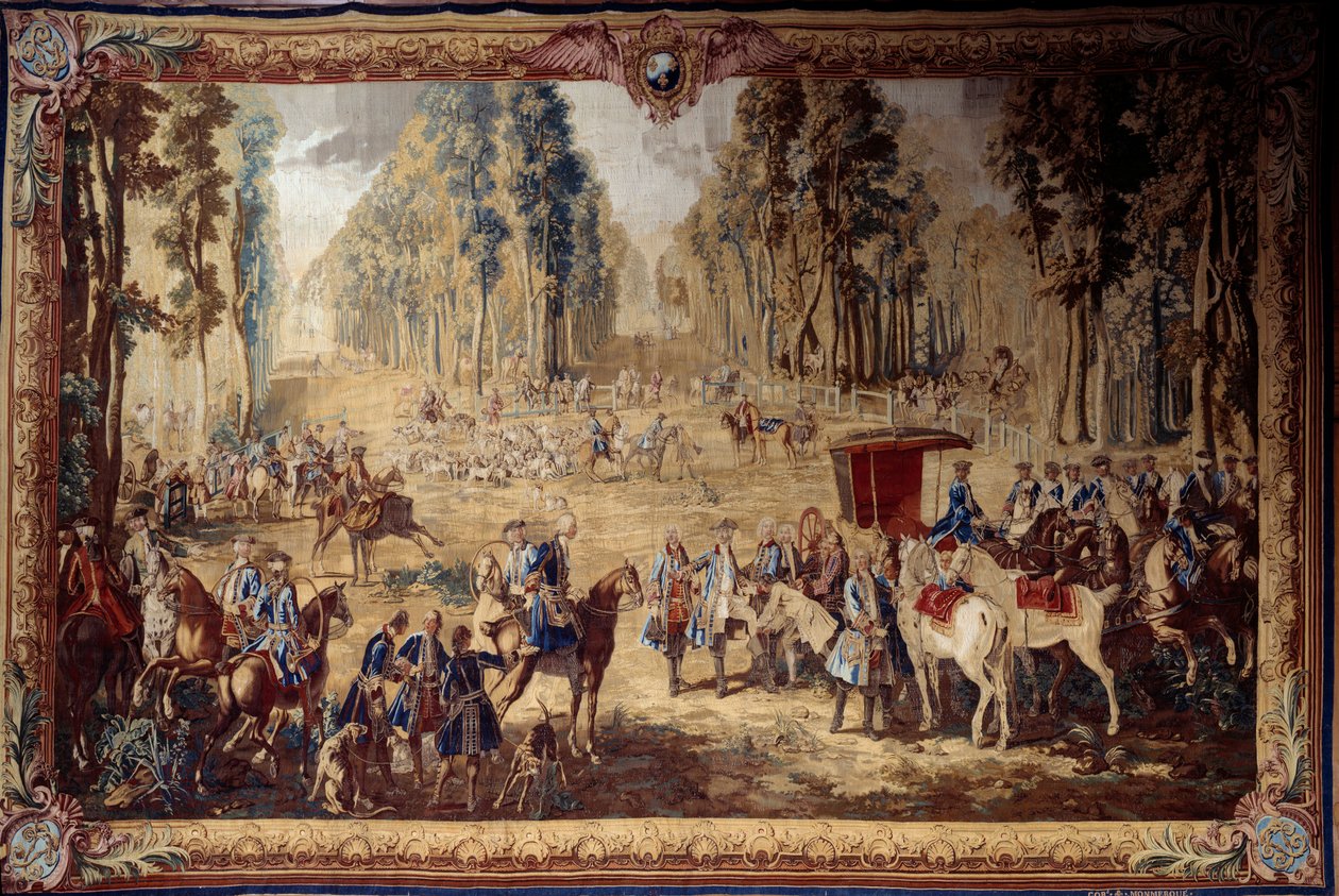 Wisząca przedstawiająca polowania Ludwika XVI: spotkanie na skrzyżowaniu studni królewskiej w lesie Compiegne. Gobelin – Jean Baptiste Oudry (1686-1755) 1737 Nd. 4,3x6,55 m Compiegne, musee national du chateau autorstwa Jean Baptiste Oudry