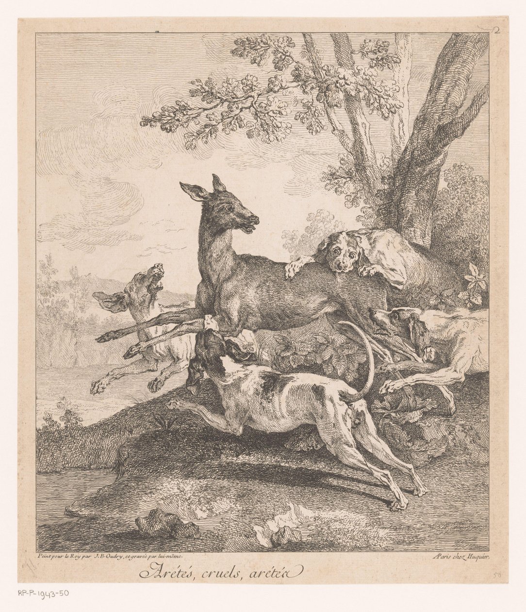 Jeleń zaatakowany przez psy myśliwskie Arrêtés, cruels, arrêtez (...) (tytuł na przedmiocie) Sceny polowań (tytuł serii) autorstwa Jean Baptiste Oudry