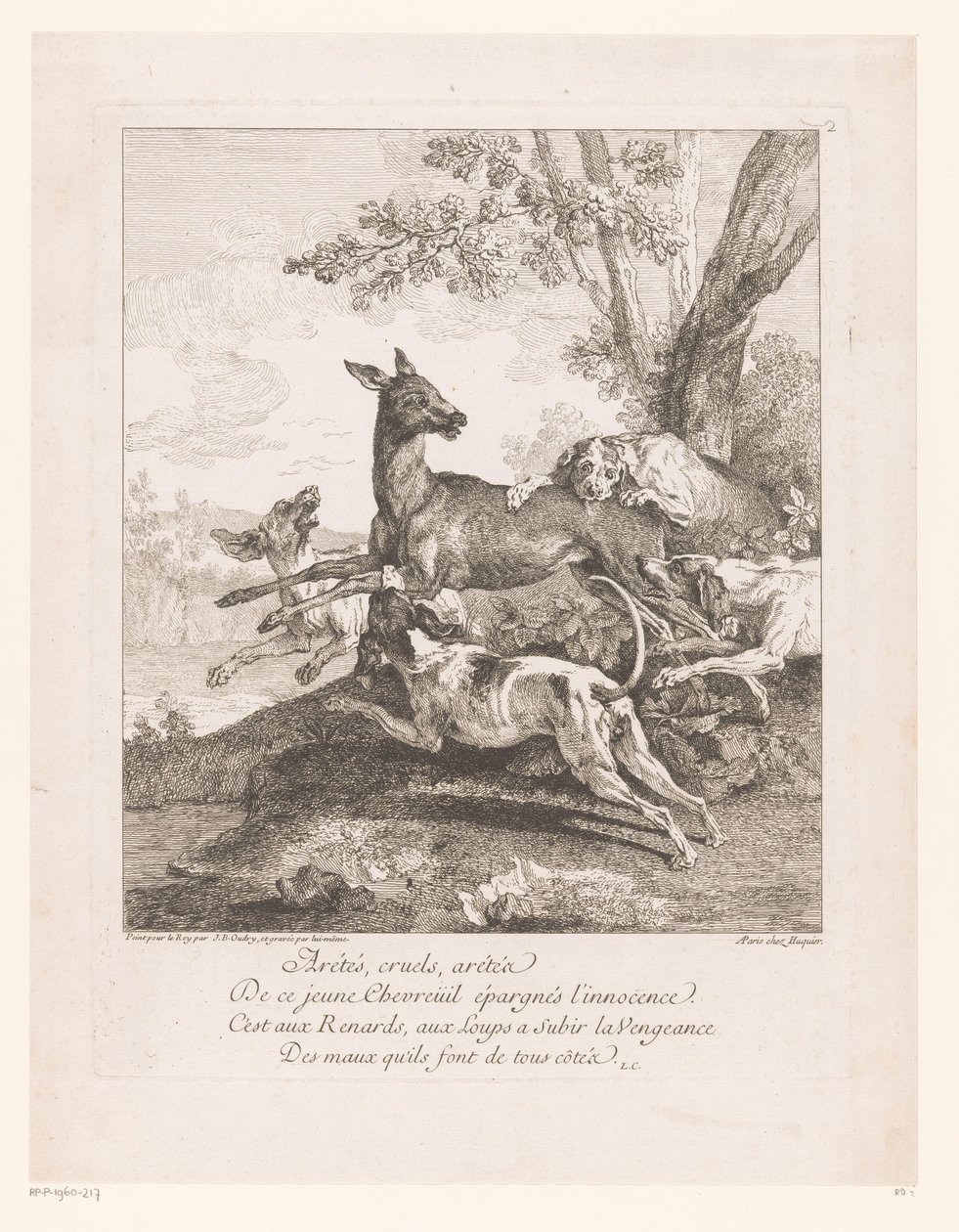 Jeleń zaatakowany przez psy myśliwskie Arrêtés, cruels, arrêtez (...) (tytuł na przedmiocie) Sceny polowań (tytuł serii) autorstwa Jean Baptiste Oudry